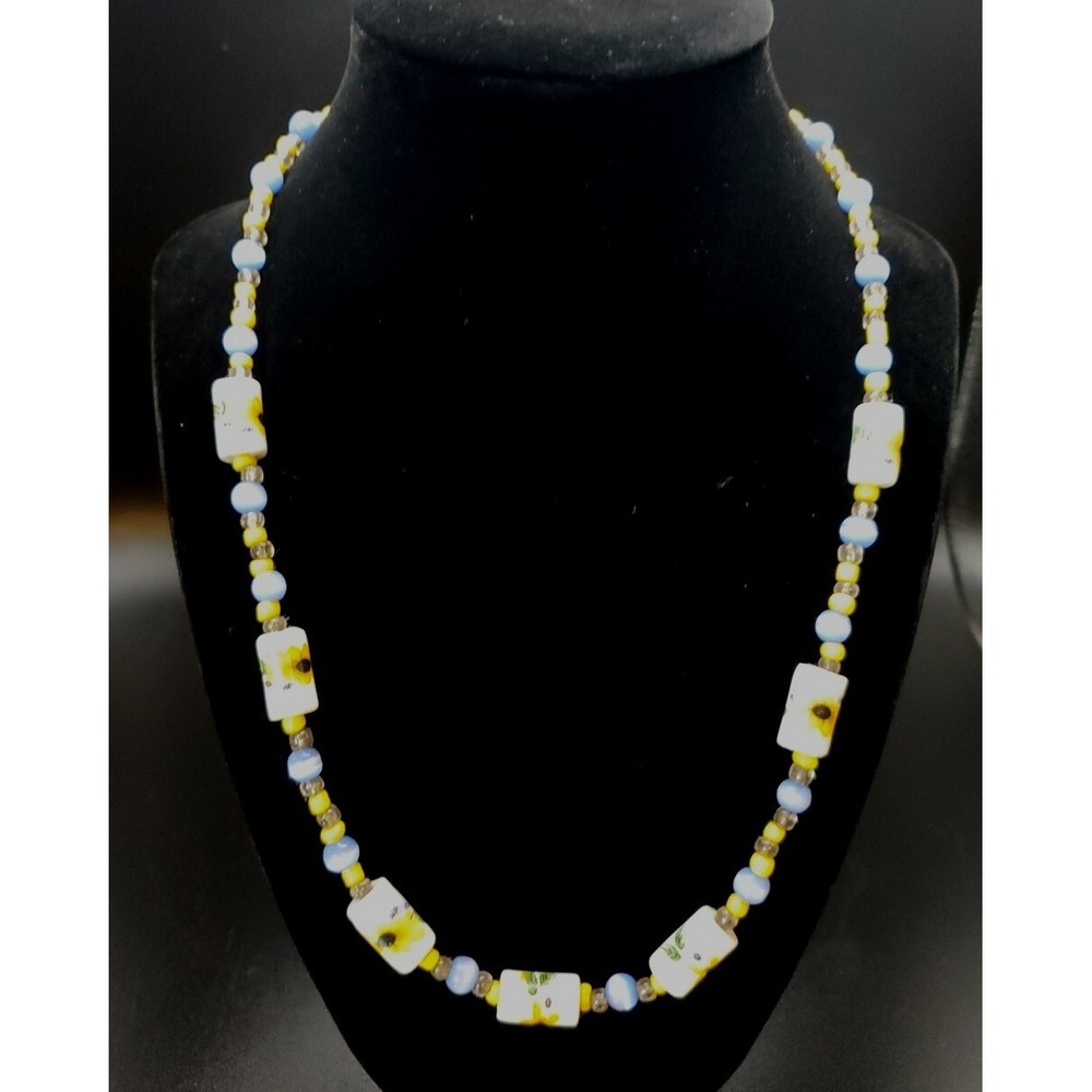 Porcelain/Glass Sunflower Bead Necklace W/Clyindrical & Round Beads Blue/ Yellow